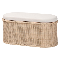 bali & pari Barid Braided Natural Rattan Storage Bench with Cushioned Lift -Top Lid - Coastal Boho Style Chest for Bedroom, Entryway, or Living Room Organization, Natural, 39" Oval